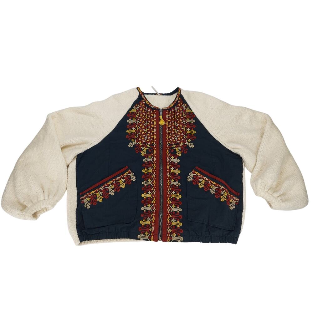 Free People Boho Boucle Bell Oversized Two Faced Embroidered Blue Red Jacket S